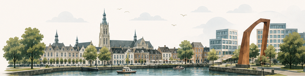 Geïllustreerd panorama van Breda met de Grote Kerk, gevels, groen, kade en water